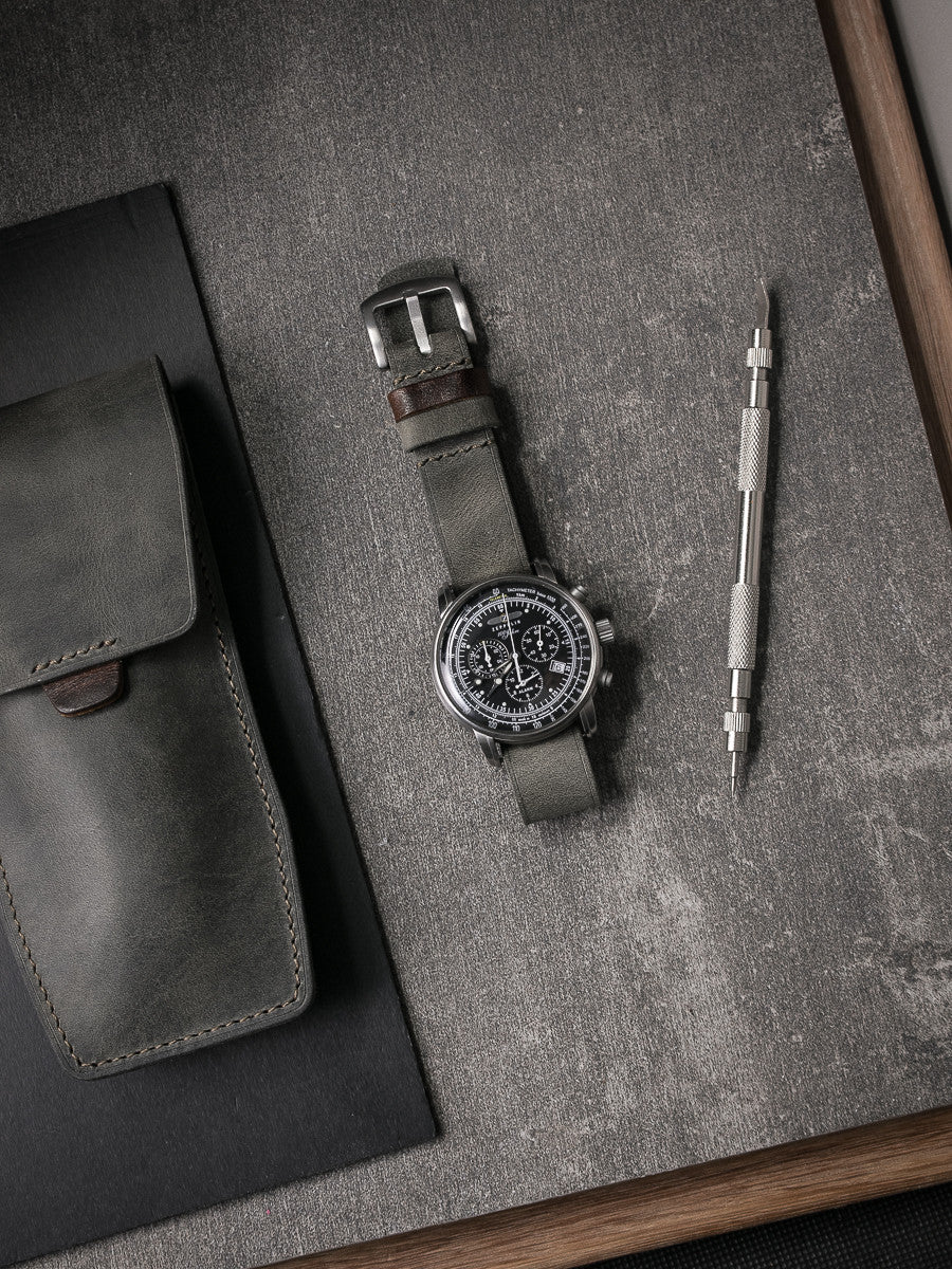 "Benjamin" Grey Green Single Pass Leather Watch Strap