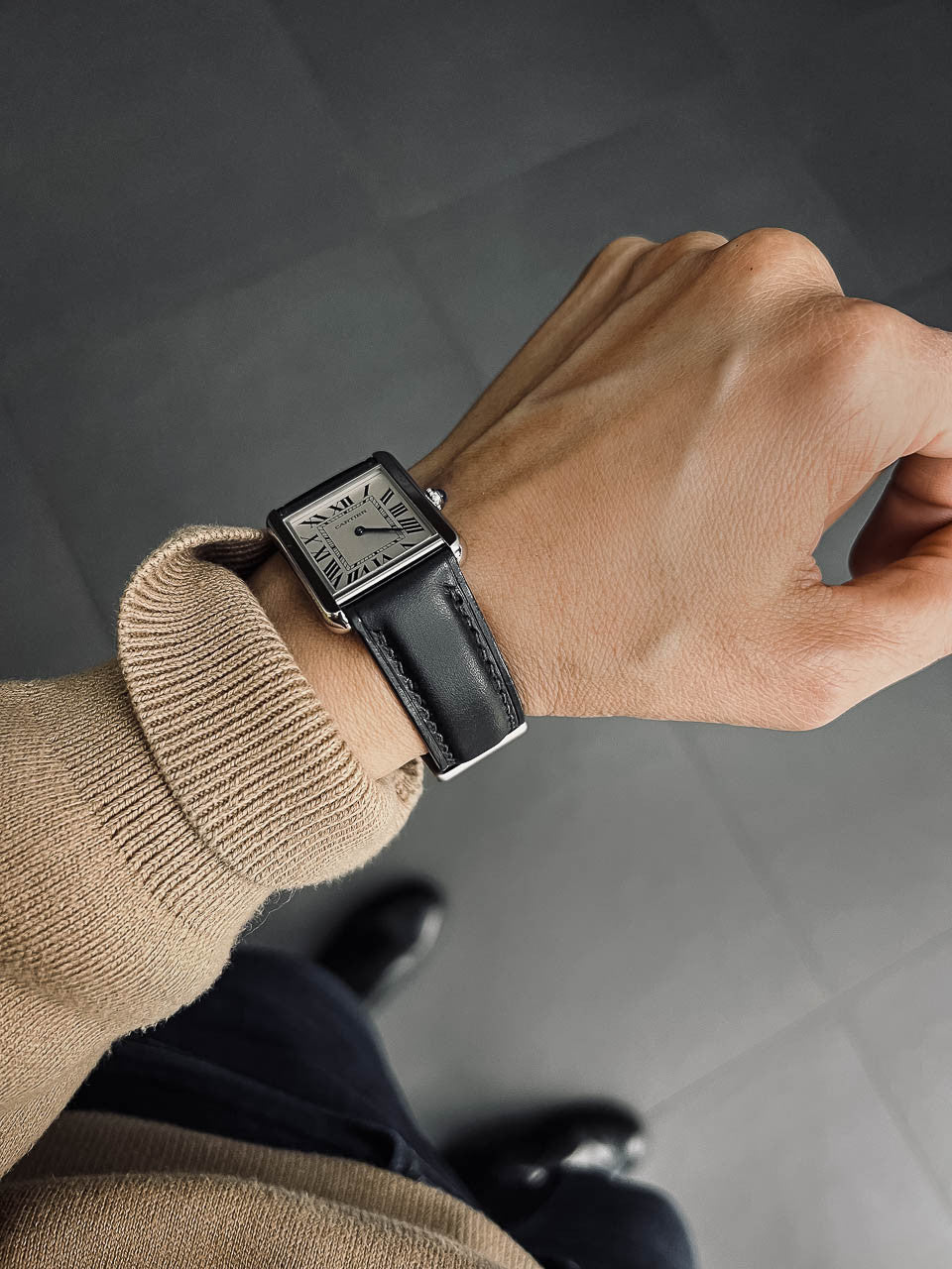 "St. James" Sleek Black Padded Leather Watch Strap