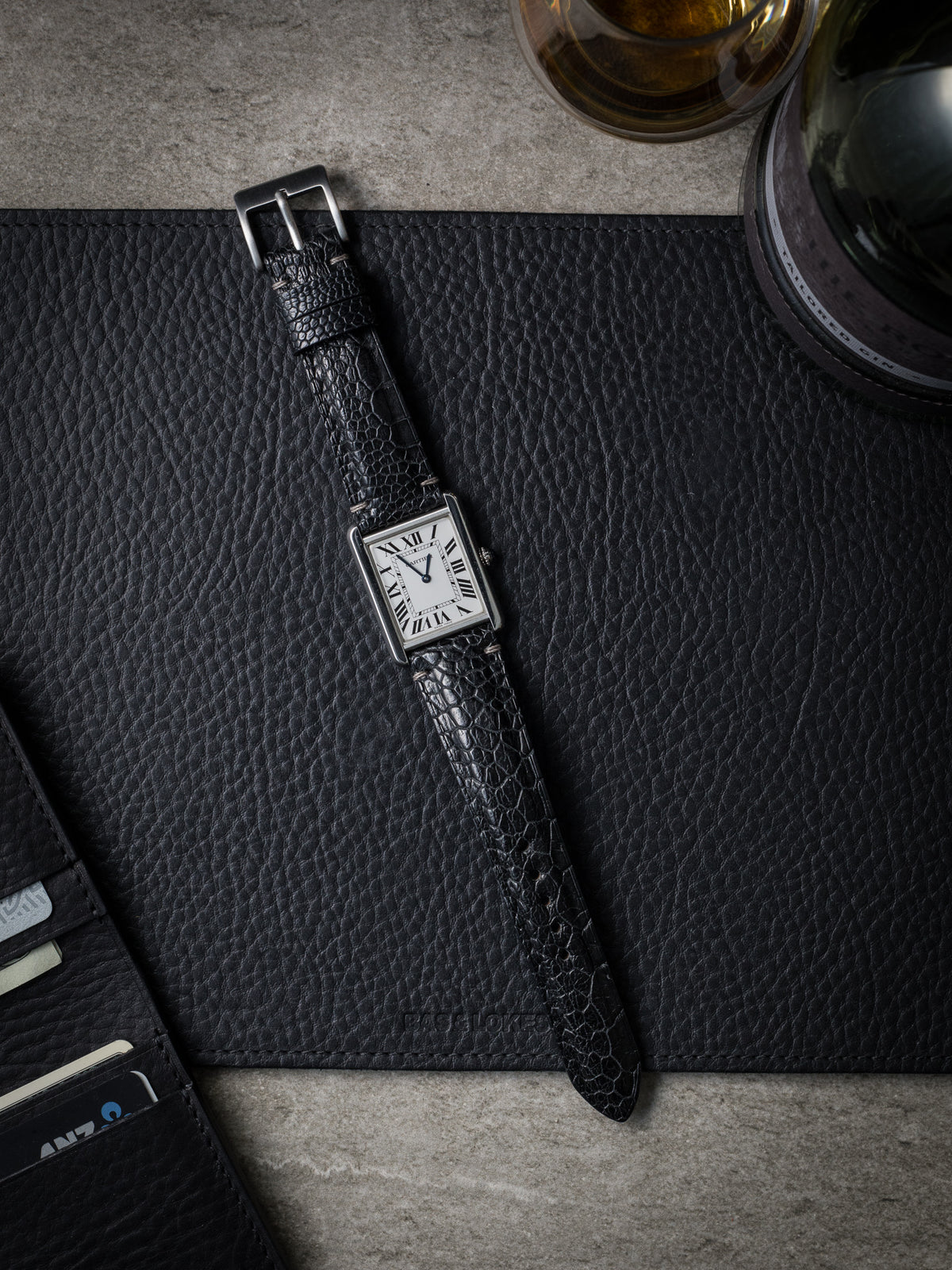 LAST PIECE - "Oscar" Ostrich Black Padded Leather Watch Strap
